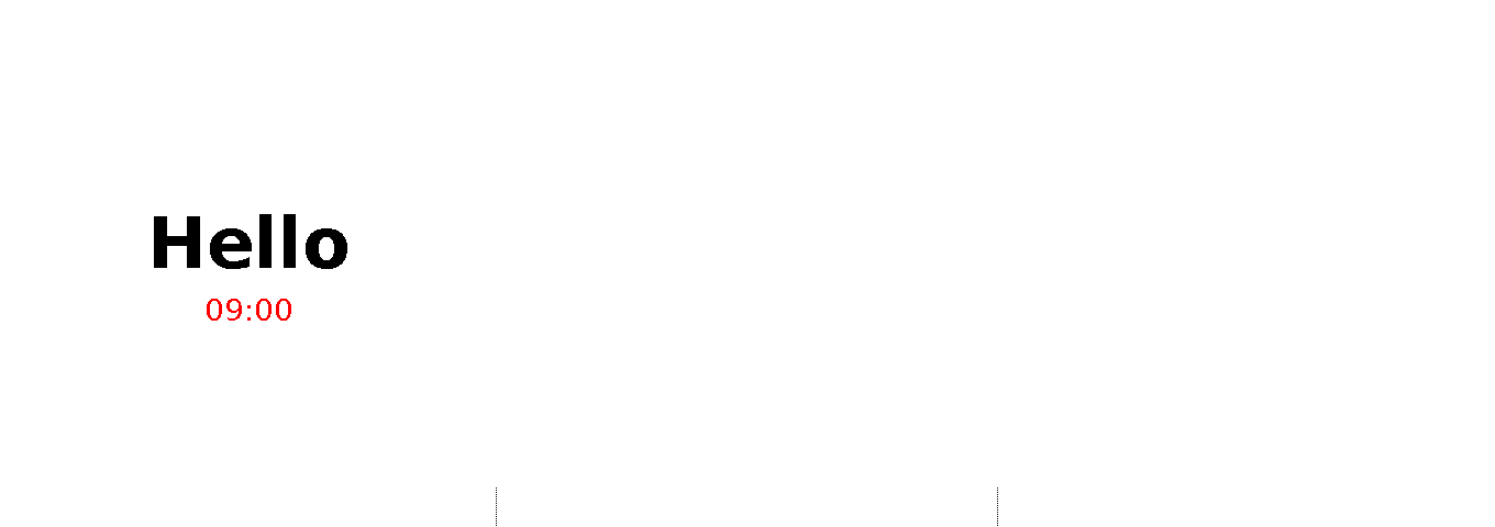 The full 1360 × 480 screen, mostly white, with the Hello card on the left.